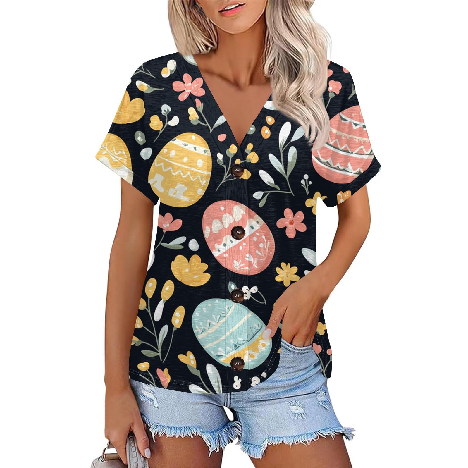 

Женская модная футболка с коротким рукавом и V-образным вырезом с пасхальным принтом, повседневная футболка на пуговицах XXXL