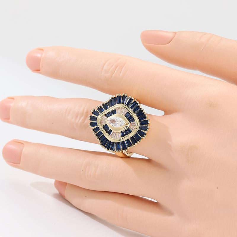 Gorgeous Inlaid White Blue CZ Women's Ring Aesthetic Gold Color Geometry Daily Wear Party Jewelry Anniversary Gift