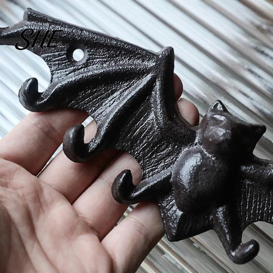 Key Holder Hook Bat Wall Hooks, Black Cast Iron Gothic Coat Rack with 2 Prongs, Rustic Metal Hanging Organizer for Keys Hats Scarves, Industrial Home