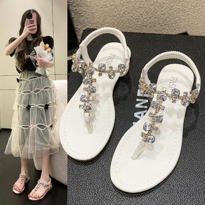 Damen-Gladiator-Sandalen mit T-Riemen und Strasssteinen, flache Sommerschuhe, lässige, elegante Sandalen für Damen, rutschfeste Bohemian-Strandsandalen, glitzernde Flip-Flops