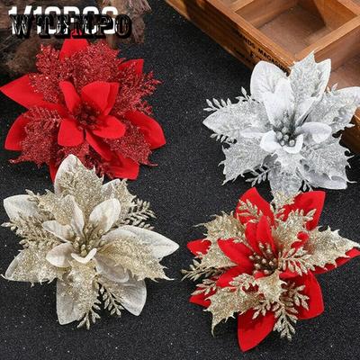 10 Pièces Artificielles Noël Paillettes Fausse Fleur Décor Arbre de Noël Suspendu Ornements Cadeau Décoration de Fête Fournitures pour Événements