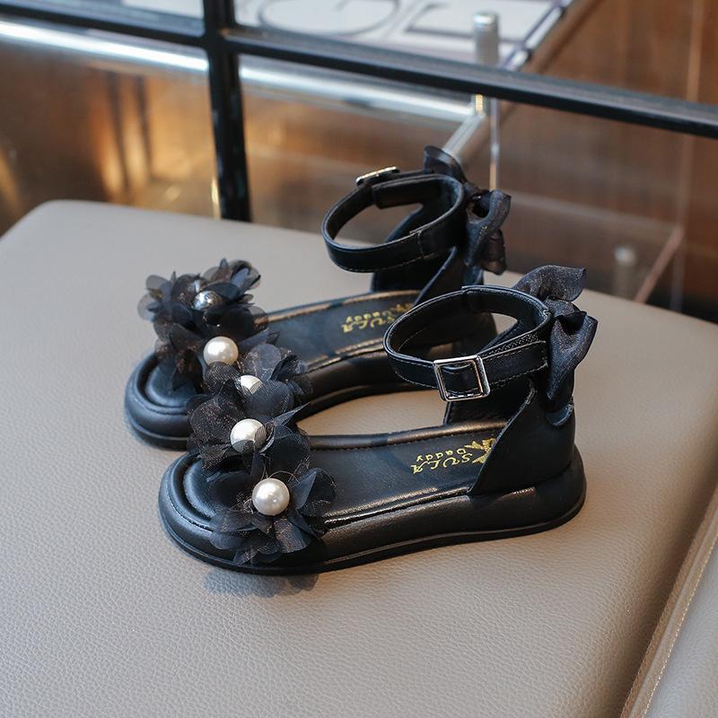 

Сандалии для девочек в платье принцессы, шикарные детские летние сандалии с жемчугом, новые элегантные детские повседневные римские сандалии с цветочным принтом и высоким берцем 28 чёрный