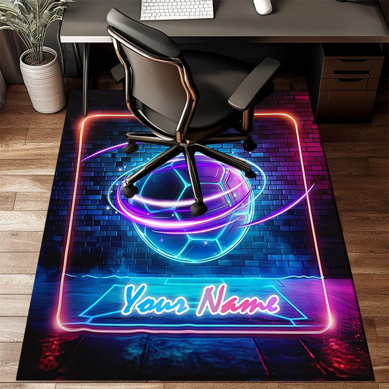 1PC Custom Name Neon Lights Soccer Ball Theme Floor Mat Ideal for Living Room, Game Rooms, Office, Bedroom Floor Mat Playful Design