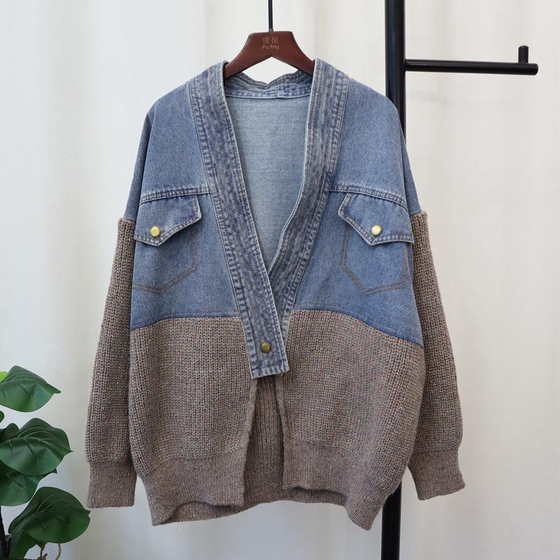 Denim Splicing Design Sense Knitted Cardigan Autumn and Winter New Loose Sweater Jacket Women