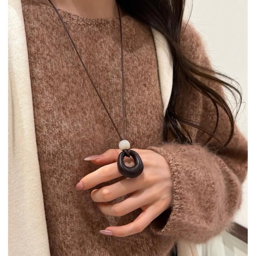 Leather Rope Geometric Pendant Necklace Adjustable Length Sweater Chain  Women
