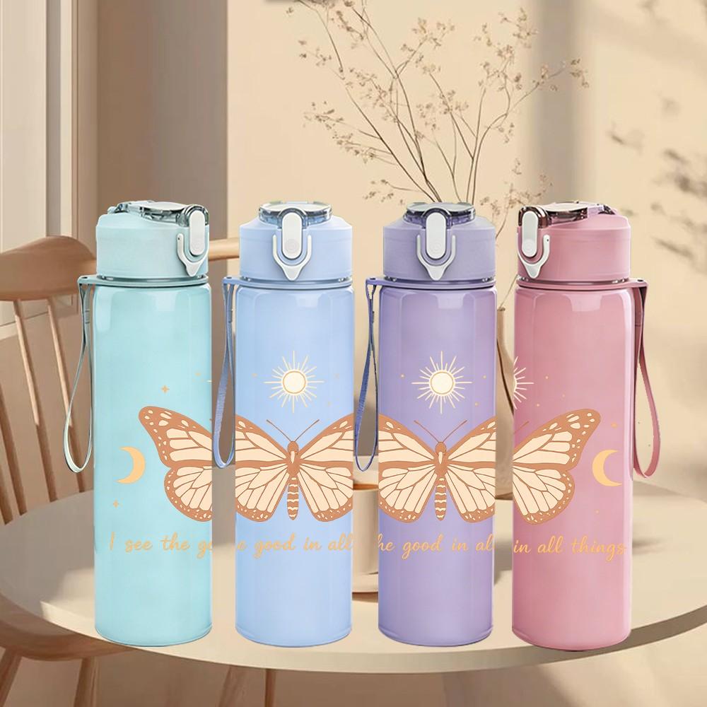 1PC Moon Butterfly Mandala Art 750ml Color Plastic Sports Water Bottle Leakproof Flip Straw Lid Suitable for Sports Office Home Use
