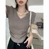 V-neck front shoulder short-sleeved T-shirt women's summer 2025 new slim-fitting and thin pleated solid color versatile short top