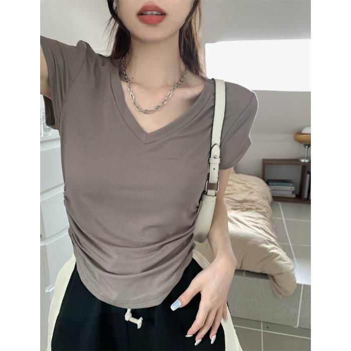 V-neck front shoulder short-sleeved T-shirt women's summer 2025 new slim-fitting and thin pleated solid color versatile short top