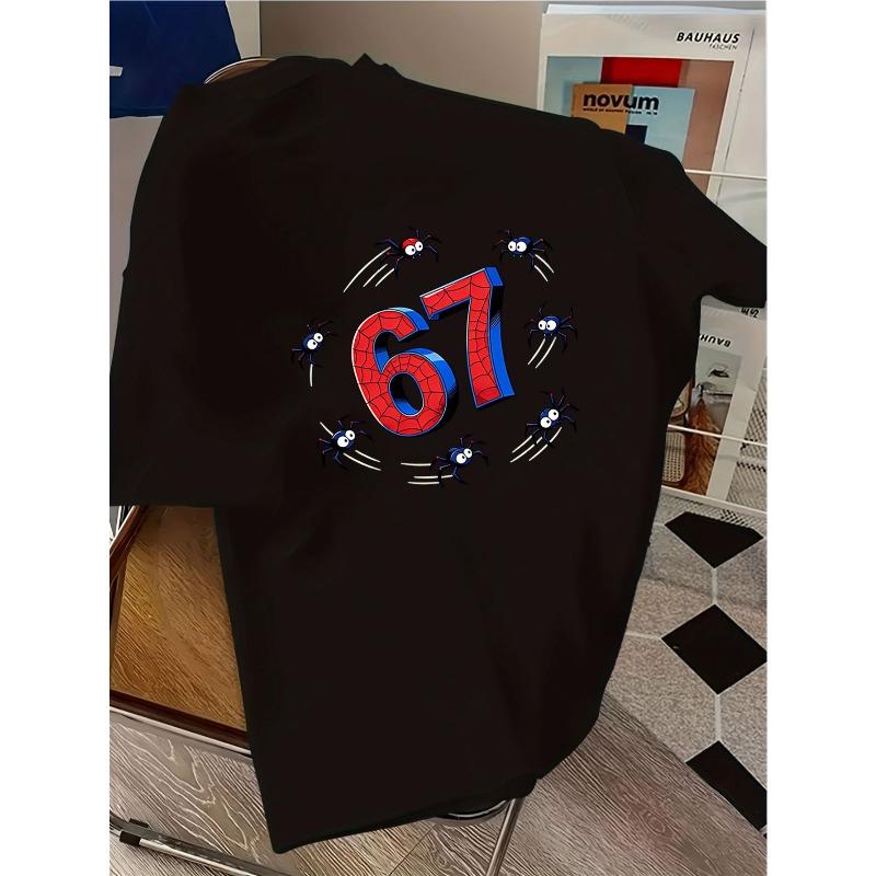 European sizes Children Casual T-Shirt with Cartoon Spider and Number 67 Perfect for Summer, Crew Neck, Short Sleeve, Medium Stretch Unisex Fit