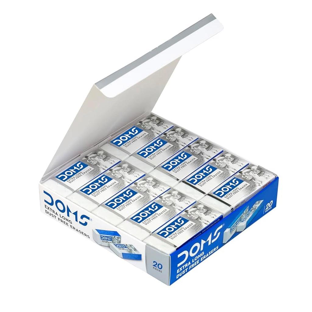 Doms Non Toxic Dust Free Extra Long Eraser Pack Of 20 Clean Clear Erasing For Kids Students School Stationery Set