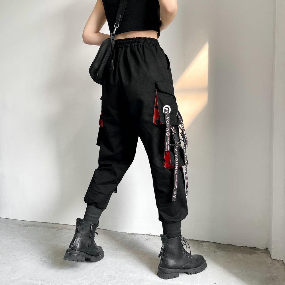 Dámske neformálne nohavice v kórejskom štýle Streetwear Stuhy Tepláky Do členkov Voľné Hip Hop Cargo nohavice