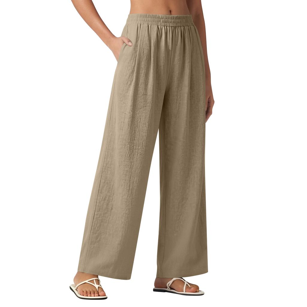Women Loose Fit Straight Leg Casual Long Pants with Pockets Elastic Waist Lightweight Relaxed Trousers for Daily Wear