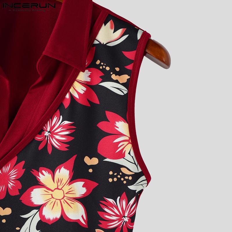 INCERUN Herren Revers Ärmellos Patchwork Blumendruck Lässig Dünne Tanktops