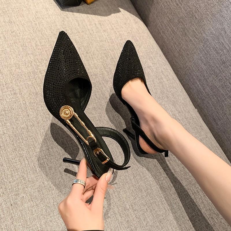 Fashion Luxury Rhinestones Sequined Buckle Women Pumps Elegant Pointed toe Slingbacks Stiletto 8.5cm High heels Spring Fashion Shoes