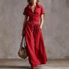 Damen Mehrfarbig Knopfleiste Hemdkleid Maxi-Kleid Revers Kurze Ärmel Tasche Vorne Lässig Langes Kleid