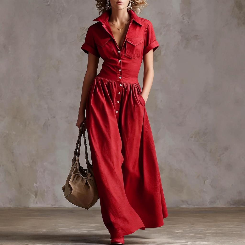 Damen Mehrfarbig Knopfleiste Hemdkleid Maxi-Kleid Revers Kurze Ärmel Tasche Vorne Lässig Langes Kleid