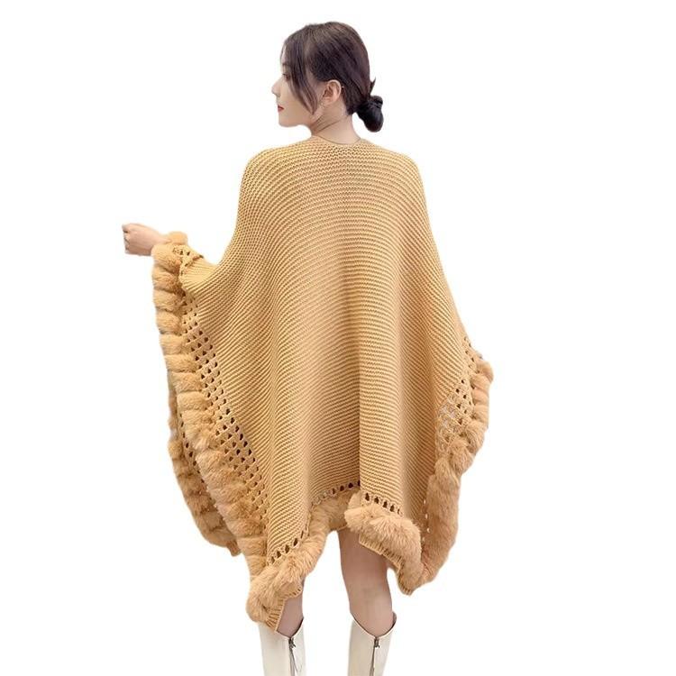 Large Fur Collar Knitted Shawl Solid Color Versatile Scarf Thickened Warm Jacket Cape Women'S Cape Shawl