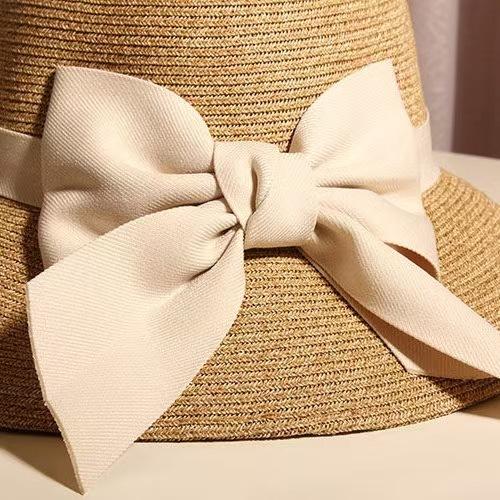 Elegant bow straw hat sweet summer sunshade sunscreen seaside beach hat women's high-end double weave