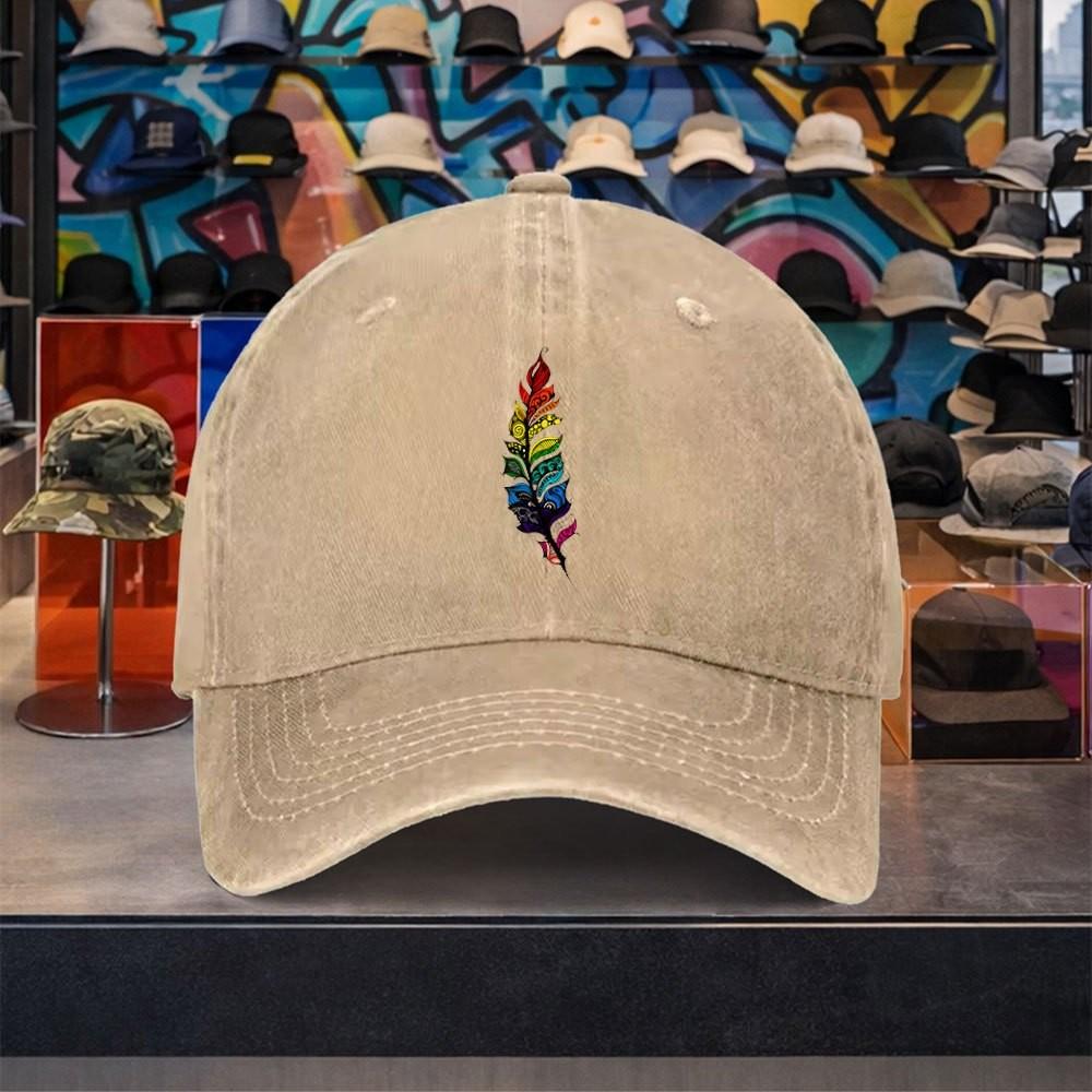 Rainbow Feather Baseball Cap Washed Cotton Distressed Adjustable Curved Brim Hat