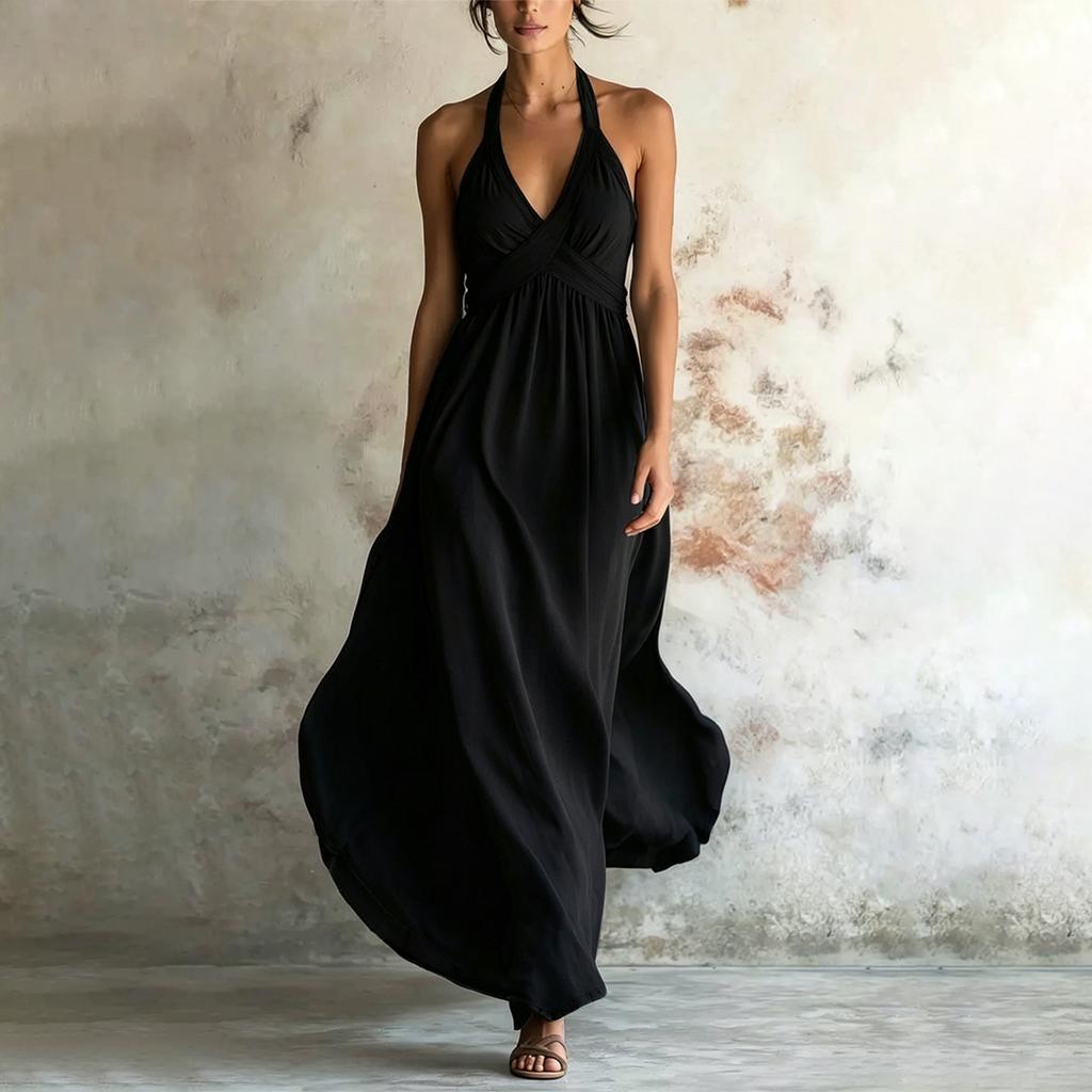 Women's Fashionable And Sexy  V Neck Hanging Neck Off Shoulder Sleeveless Casual Temperament Dress