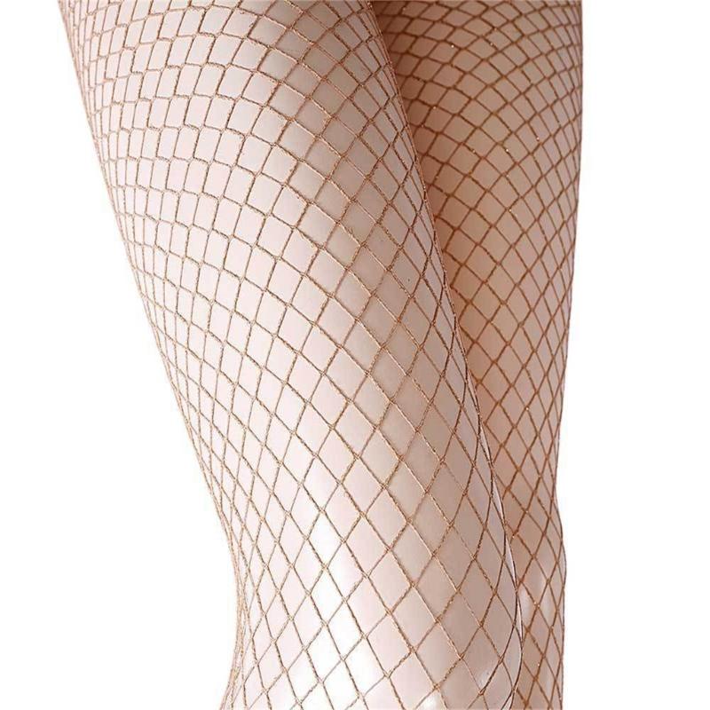 Women Hollowout Sheer Fishnet Tights Stockings Low Cut V Waist Shimmering Metallic Pantyhose Leggings Party Hosiery