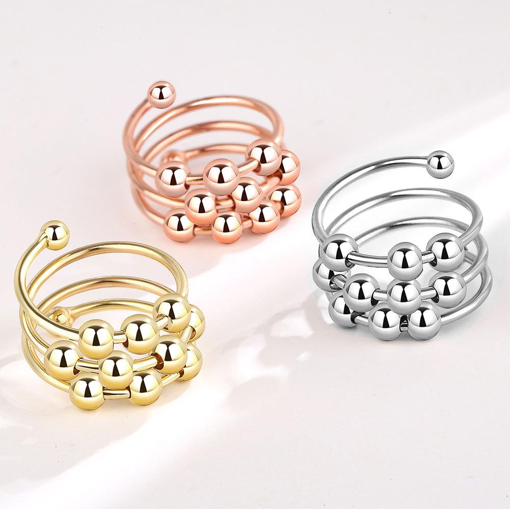 Creative Rotatable Double Layer Bead Open Ring Anxiety Relief Stress Reducing Spinner Jewelry Fashion Adjustable Finger Band