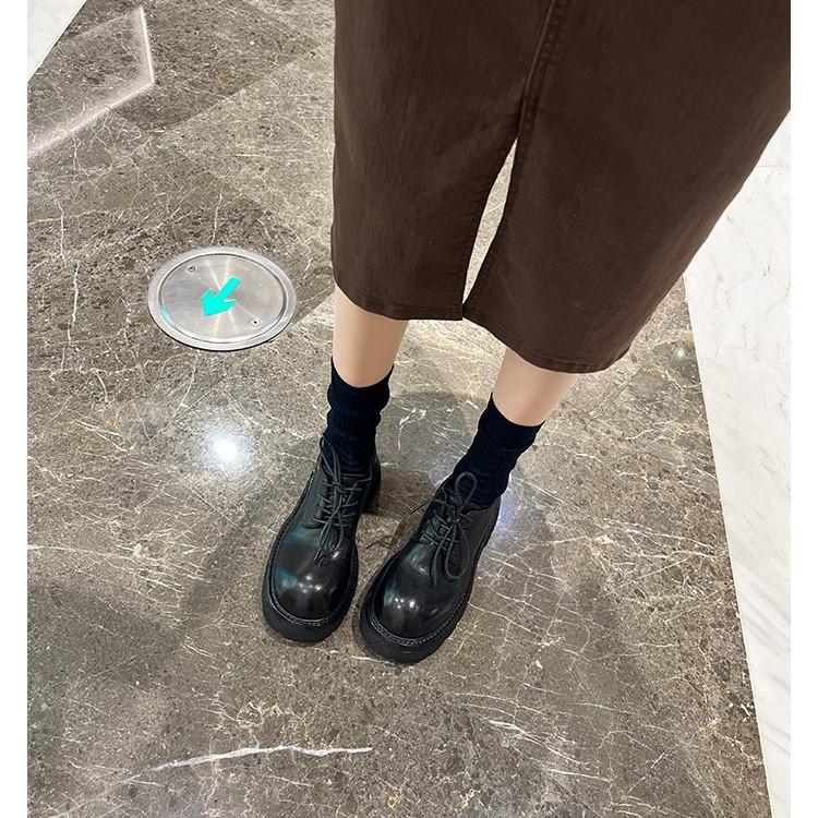Sheepskin~ platform muffin loafers women's leather retro thick heel lace-up jk single shoes British college style small leather shoes