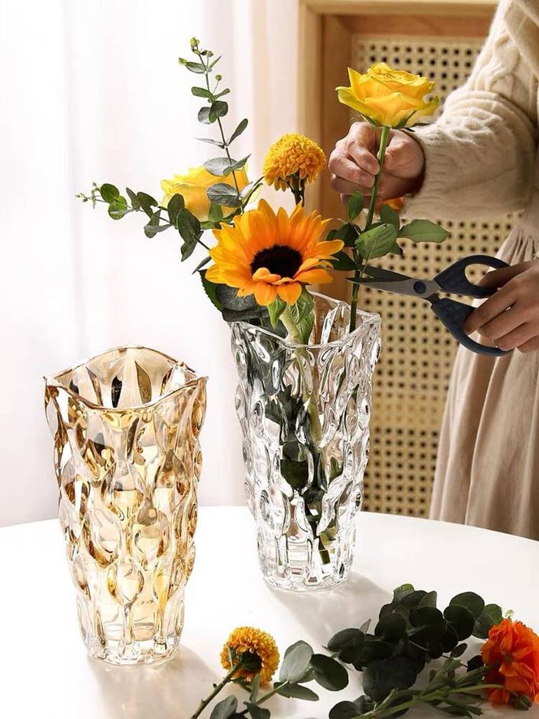 YHOMBES Large, Stylish, Wide-Mouthed Glass Flower Vase (Clear - 25cm)