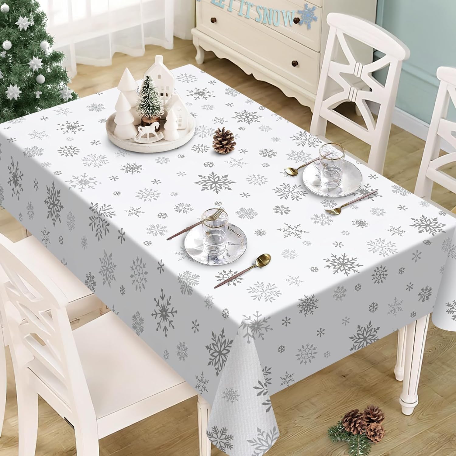 

Christmas White Snowflake Waterproof Tablecloth Table Decor Winter Holiday Kitchen Dining Tablecloth Christmas Decorations 90x140cm