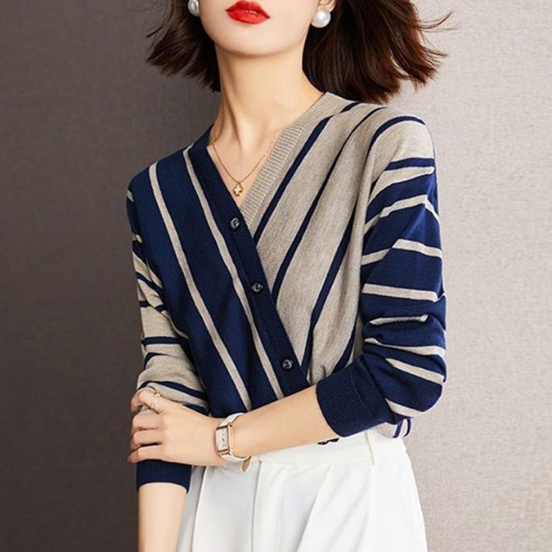 Autumn and Winter New Elegant and Versatile Temperament Women's Clothing Splice Button V-Neck Long Sleeve Stripe Pullover