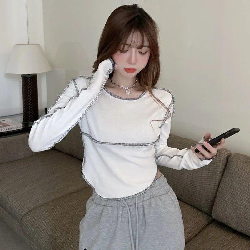 WTEMPO Tricouri cu mânecă lungă pentru femei, cu gât O, mulate, versatile, topuri de damă, uni, clasice coreene, de primăvară, de zi cu zi, de bază, populare