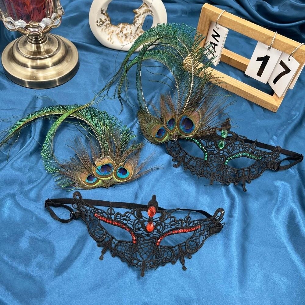 Diamond Decorated Masquerade Mask Elegant Phantom Mask Peacock Feather Mask  Costume Party