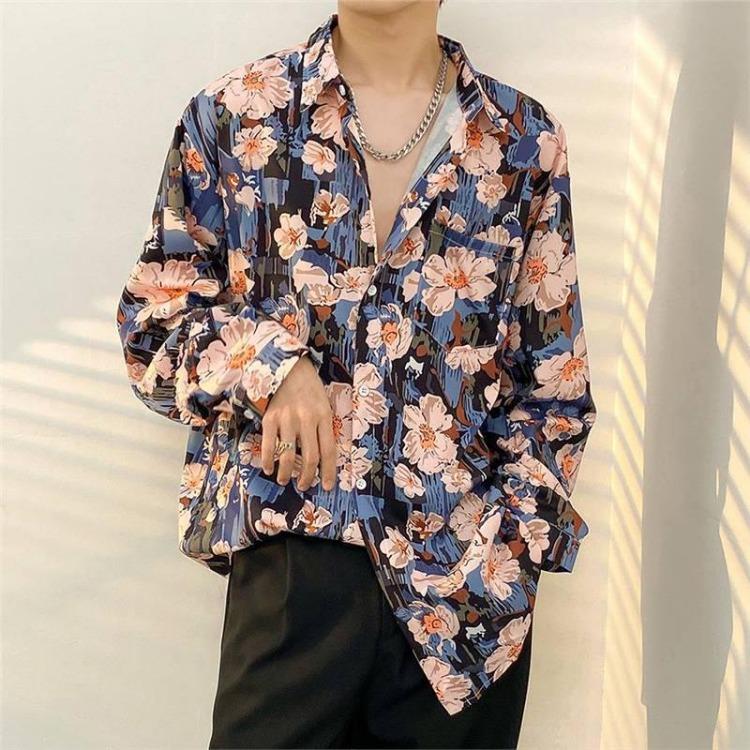 Retro Hong Kong Style Men's Floral Shirt Casual All-Match Jacket Japanese Korean Style Trendy Spring Autumn Fashion