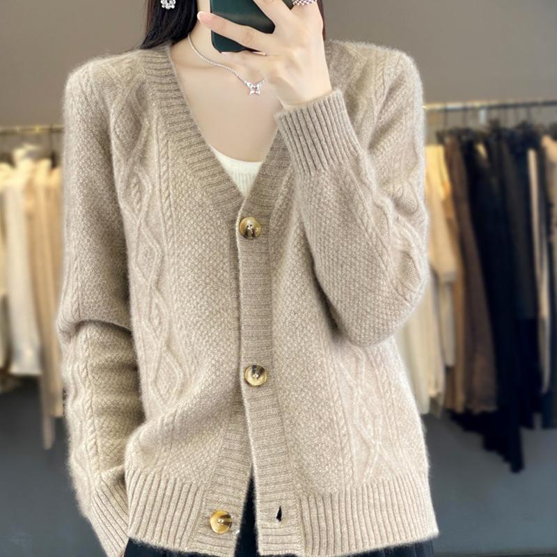 

Осень/Зима Однотонный Кардиган Вязаный с V-образным вырезом и длинными рукавами, Застежка-пряжка, Жаккардовое Пальто-свитер для Женщин 2XL