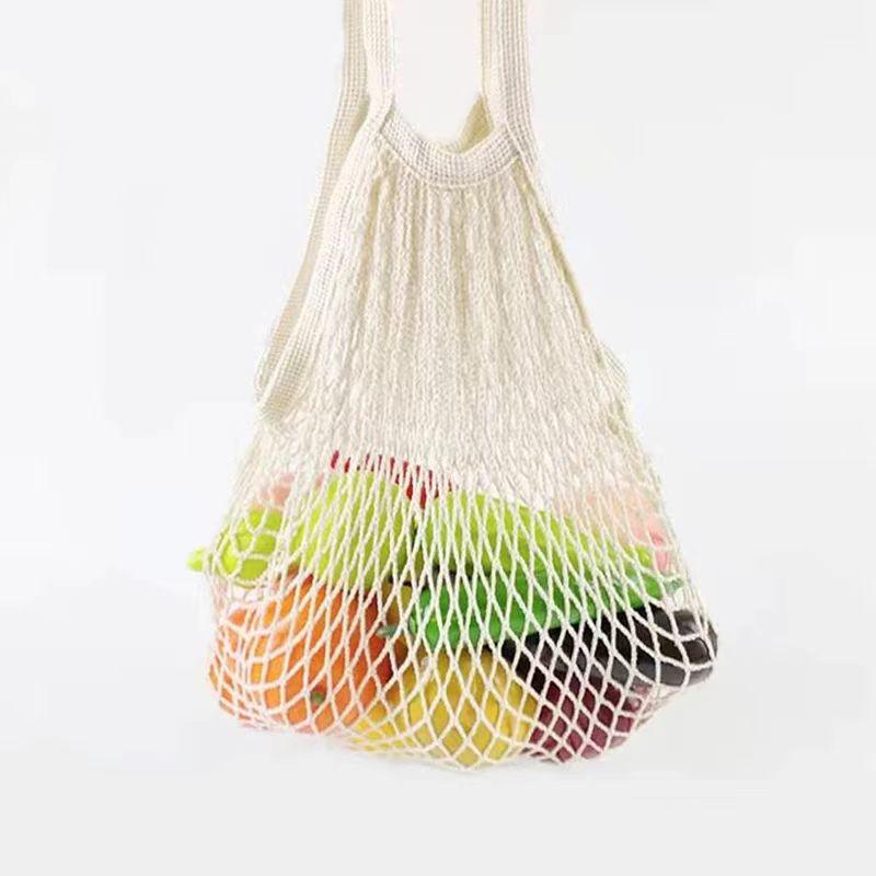 Beige Handheld Woven Mesh Shopping Bag - Polyester Cotton, Fruit Shoulder Tote