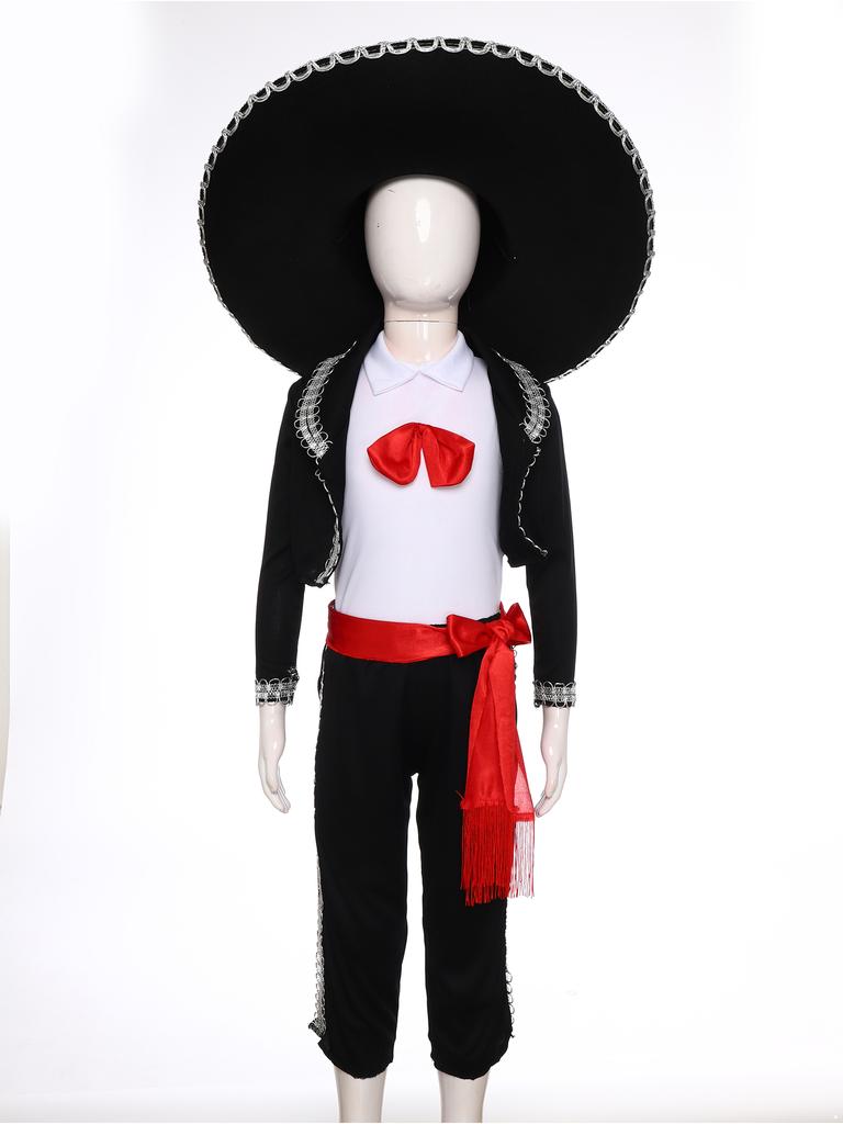 Dětský tradiční mariachi kostým 5dílná sada včetně vesty kalhot saka pásku klobouku pro Halloween mexický cosplay vystoupení