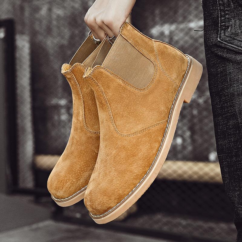 

Autumn and winter new hot-selling large-size men s Chelsea medium-top Martin boots with fleece thermal shoes 38 коричневий