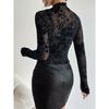 Lente Zomer Nieuw Dames Doorzichtig Sexy Slim Fit Lange Mouw Bedrukt Kant T-shirt