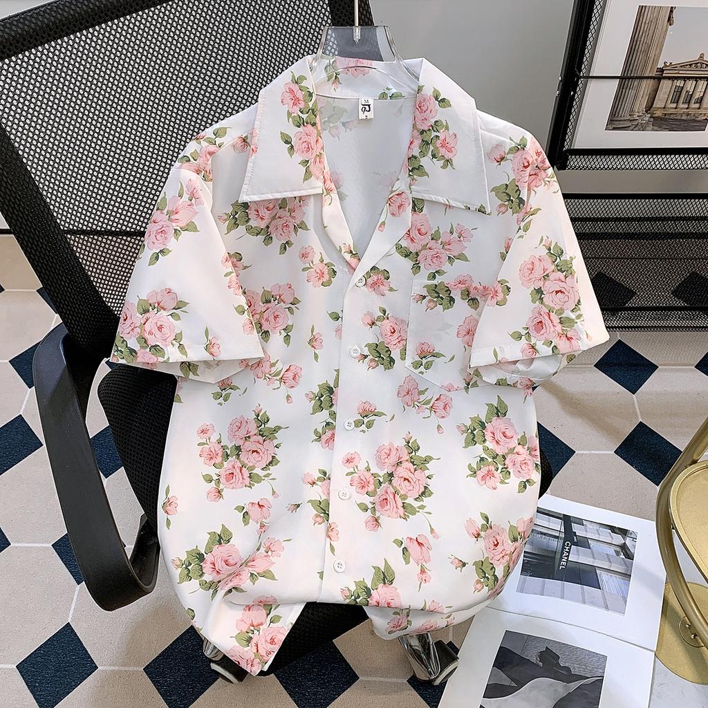 Summer Draping Floral Print Short Sleeve Shirt Men's Niche Loose Korean Style Hawaiian Cuban Collar Shirt Half Sleeve Top
