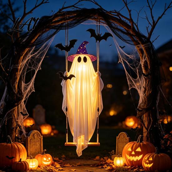 Geisterhafte Hängelichter für die Terrasse Halloween Schaukel Geist-Ornament mit LED-Lichterkette Außen Dekoration Verstellbare Gruselige Displays Aufleuchtendes Fledermaus-Dekor