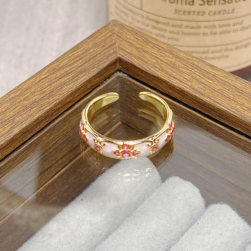 Medieval Vintage Colored Enamel Flower Butterfly Opening Ring Female Retro Niche High-End Light Luxury Ring