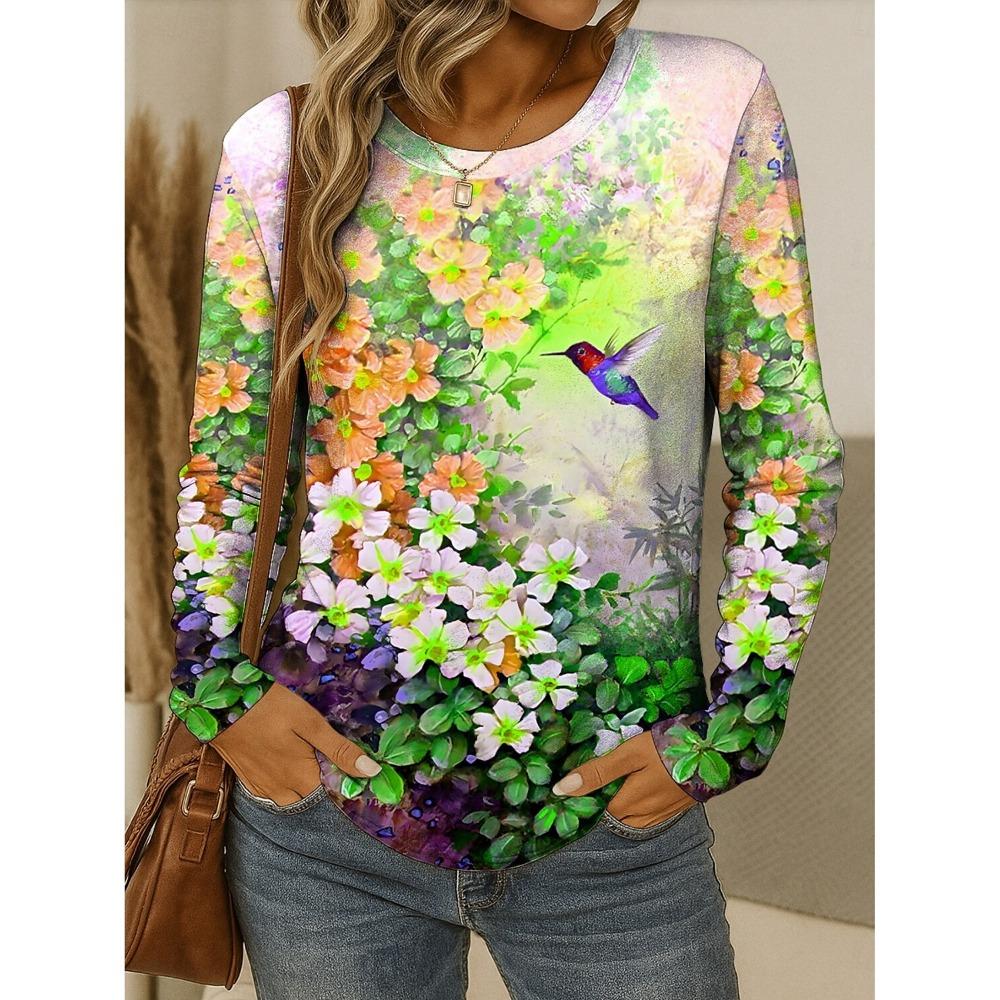 Damen T-Shirts Blumen Grafik Vogel T-Shirts Mode Stilvoll Langarm Rundhals Regulär Oberteile