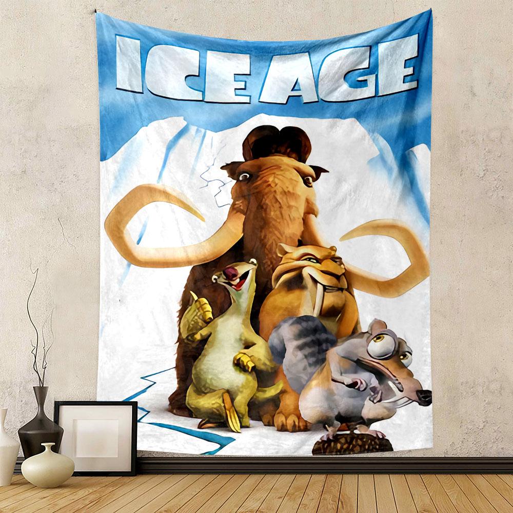 Ice Age 2 Tapestry Wall Hanging, Manny Diego Scrat Cartoon Art, Colorful Kids Wall Decor for Bedroom Playroom