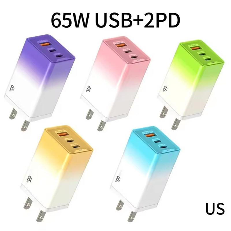 USB Type C Charger With Gradient Shell 65W Fast Charging 3-Port USB-C USB-A Adapter Plug For EU/US For iPhone
