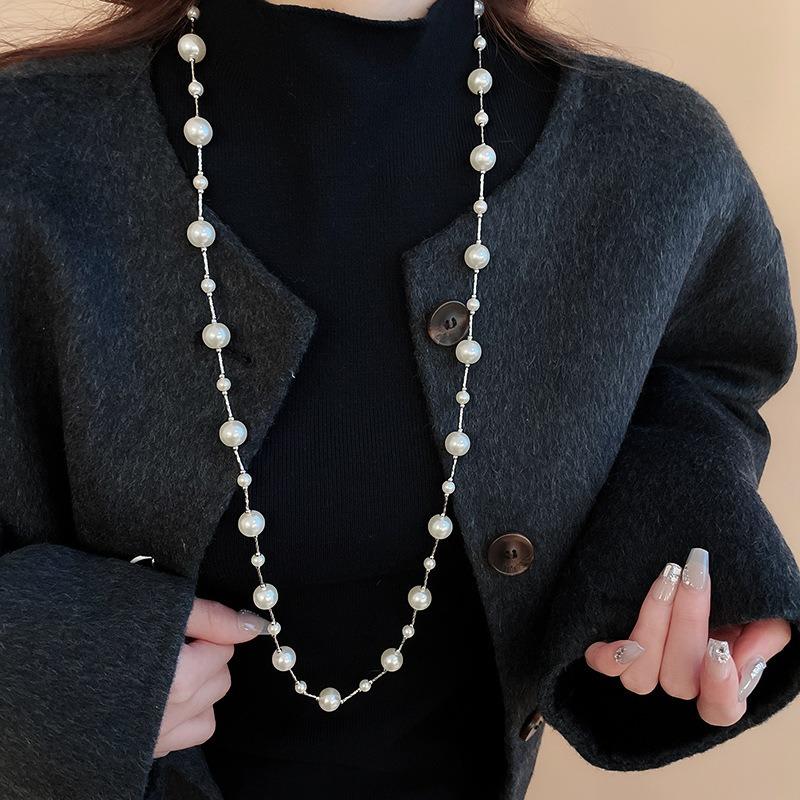 French Geometric Round Pearl Beaded Necklace Fashion Simple Court Style Necklace Light Luxury Premium Sweater Chain Women