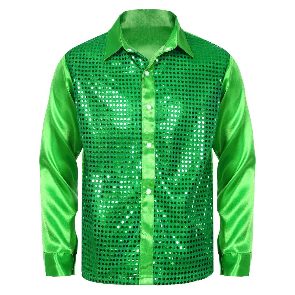 Mens Shiny Sequin Dance Shirt Latin Jazz Performance Wear Turn Down Collar Long Sleeve Patchwork Top