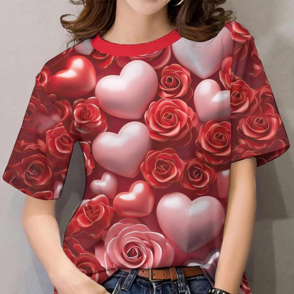 Ladies  Valentine s Day T-shirt -3D Digital Printed Love Flower Pattern XS