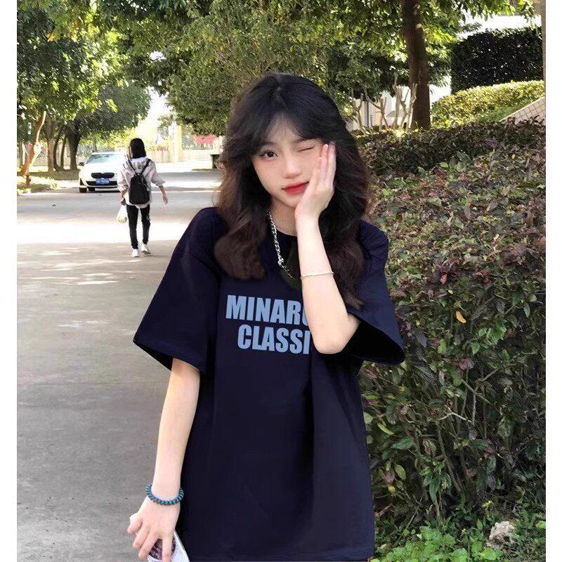 Fat Mm Pure Cotton American Retro Navy Blue Short-sleeved T-shirt Women's Summer Loose Design Sense Niche Half-sleeved Top Tide