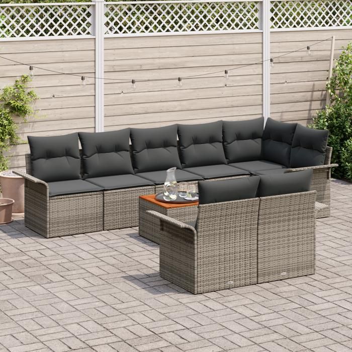 VidaXL Ensemble de canapé de jardin 9 pièces avec coussins gris en rotin synthétique et acacia 3347342