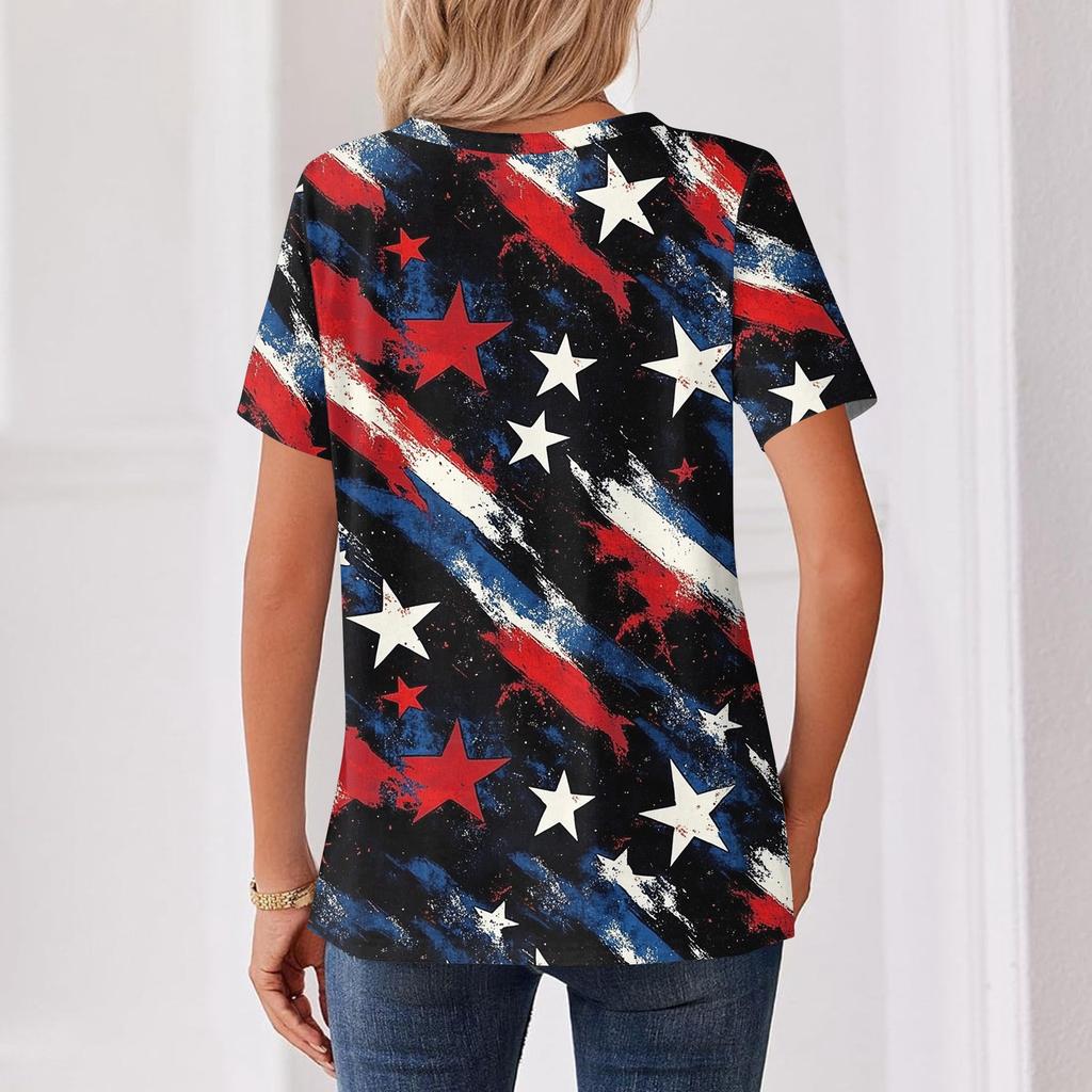Women's T Shirt Independence Day Print Button Short Sleeve Daily Weekend Fashion Basic V- Neck Regular Top